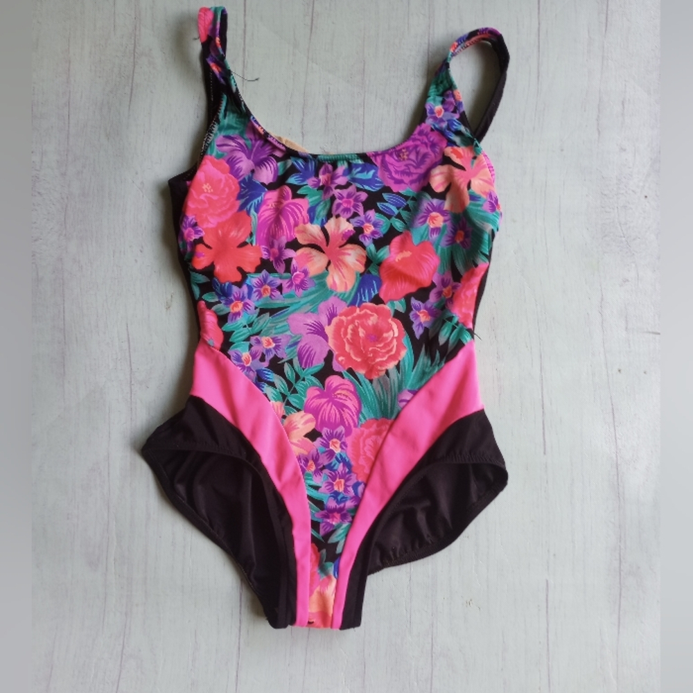 Vintage Union Made Le Cove One Piece Bathing Suit Swimsuit Size 12 Neon Flowers